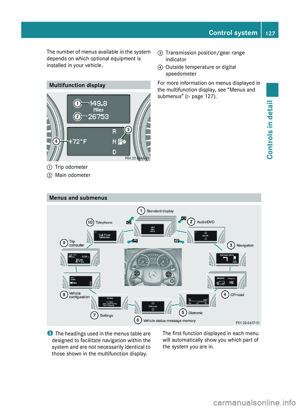 MERCEDES-BENZ GL 2010  Owners Manual The number of menus available in the system
depends on which optional equipment is
installed in your vehicle.
Multifunction display
:Trip odometer;Main odometer =Transmission position/gear range
indic