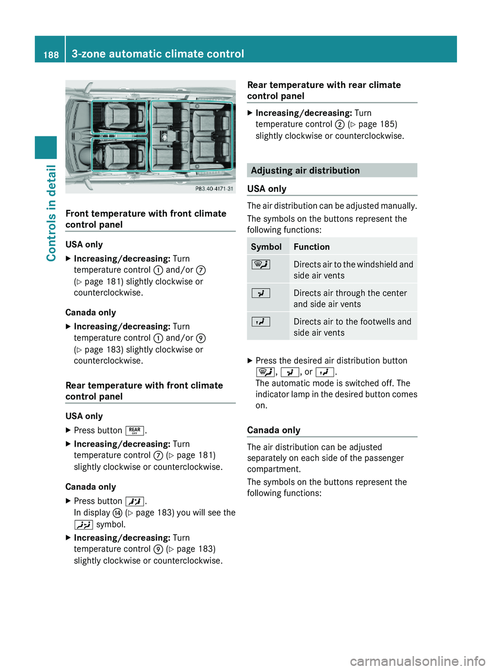 MERCEDES-BENZ GL 2010  Owners Manual Front temperature with front climate 
control panel
USA only
XIncreasing/decreasing: Turn
temperature control : and/or C
(Y page 181) slightly clockwise or
counterclockwise.
Canada only
XIncreasing/de