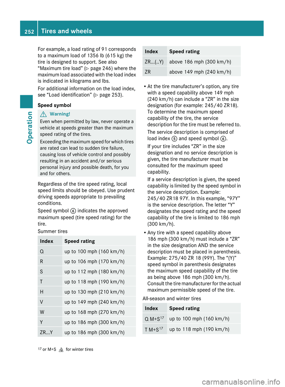 MERCEDES-BENZ GL 2010  Owners Manual For example, a load rating of 91 corresponds
to a maximum load of 1356 lb (615 kg) the
tire is designed to support. See also
“Maximum tire load”  (Y  page 246) where the
maximum load associated wi