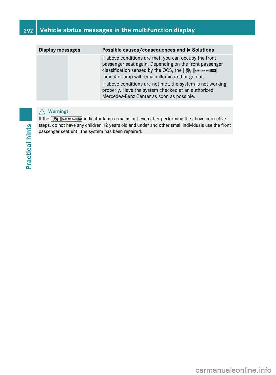 MERCEDES-BENZ GL 2010  Owners Manual Display messagesPossible causes/consequences and M SolutionsIf above conditions are met, you can occupy the front
passenger seat again. Depending on the front passenger
classification sensed by the OC