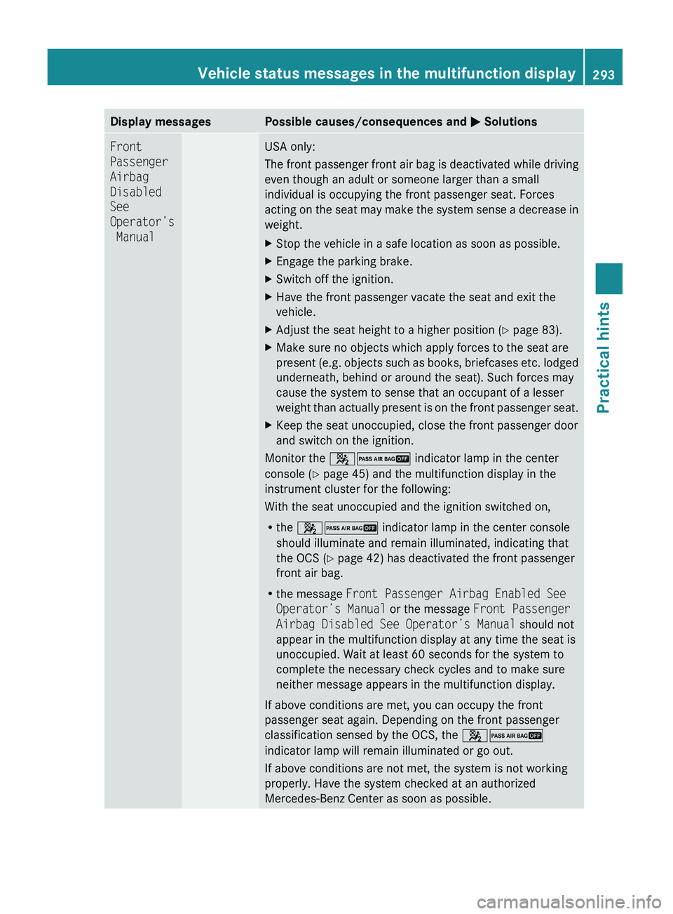 MERCEDES-BENZ GL 2010  Owners Manual Display messagesPossible causes/consequences and M SolutionsFront 
Passenger 
Airbag 
Disabled 
See 
Operator’s
 ManualUSA only:
The front passenger front air bag is deactivated while driving
even t