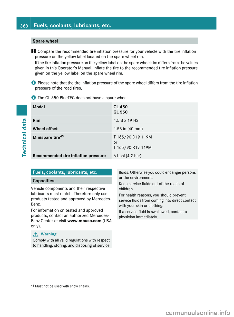 MERCEDES-BENZ GL 2010  Owners Manual Spare wheel
!  Compare the recommended tire inflation pressure for your vehicle with the tire inflation
pressure on the yellow label located on the spare wheel rim.
If the tire inflation pressure on t
