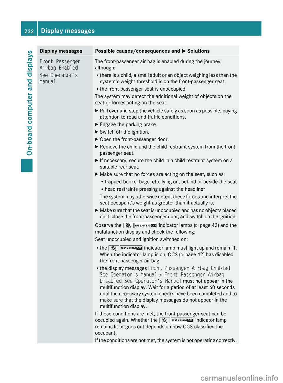 MERCEDES-BENZ GL 2011 Owners Manual Display messagesPossible causes/consequences and M SolutionsFront Passenger
Airbag Enabled
See Operator's
ManualThe front-passenger air bag is enabled during the journey,
although:
R there is a MERCEDES-BENZ GL 2011 Owners Manual Display messagesPossible causes/consequences and M SolutionsFront Passenger
Airbag Enabled
See Operator's
ManualThe front-passenger air bag is enabled during the journey,
although:
R there is a