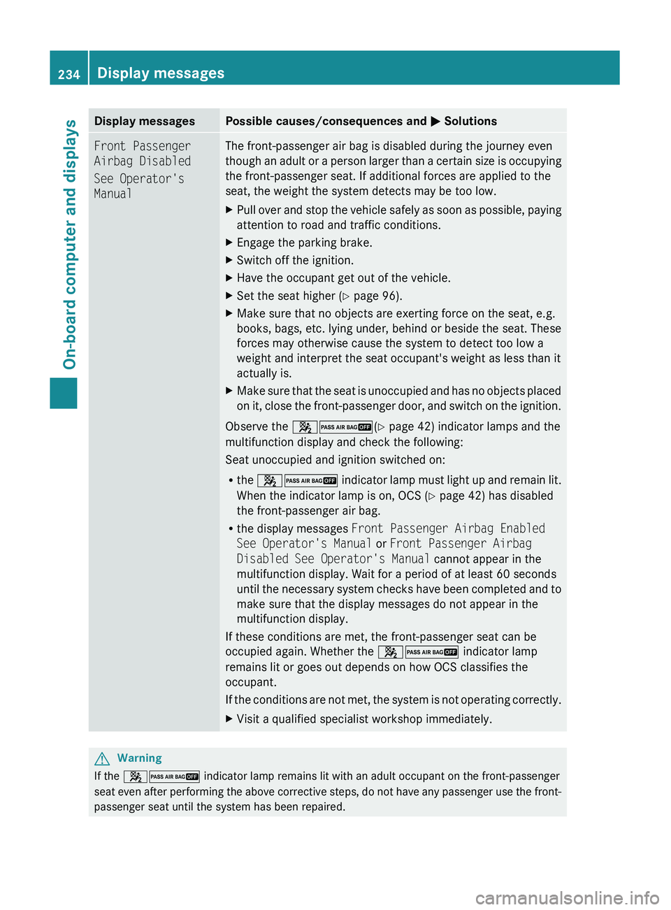 MERCEDES-BENZ GL 2011 Owners Manual Display messagesPossible causes/consequences and M SolutionsFront Passenger
Airbag Disabled
See Operator's
ManualThe front-passenger air bag is disabled during the journey even
though an adult o MERCEDES-BENZ GL 2011 Owners Manual Display messagesPossible causes/consequences and M SolutionsFront Passenger
Airbag Disabled
See Operator's
ManualThe front-passenger air bag is disabled during the journey even
though an adult o