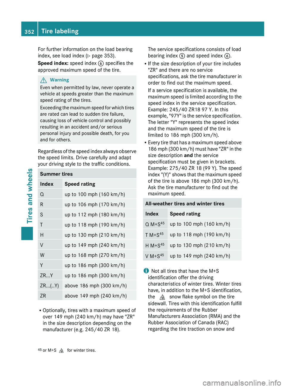 MERCEDES-BENZ GL 2011  Owners Manual For further information on the load bearing
index, see load index ( Y page 353).
Speed index:  speed index B specifies the
approved maximum speed of the tire.GWarning
Even when permitted by law, never