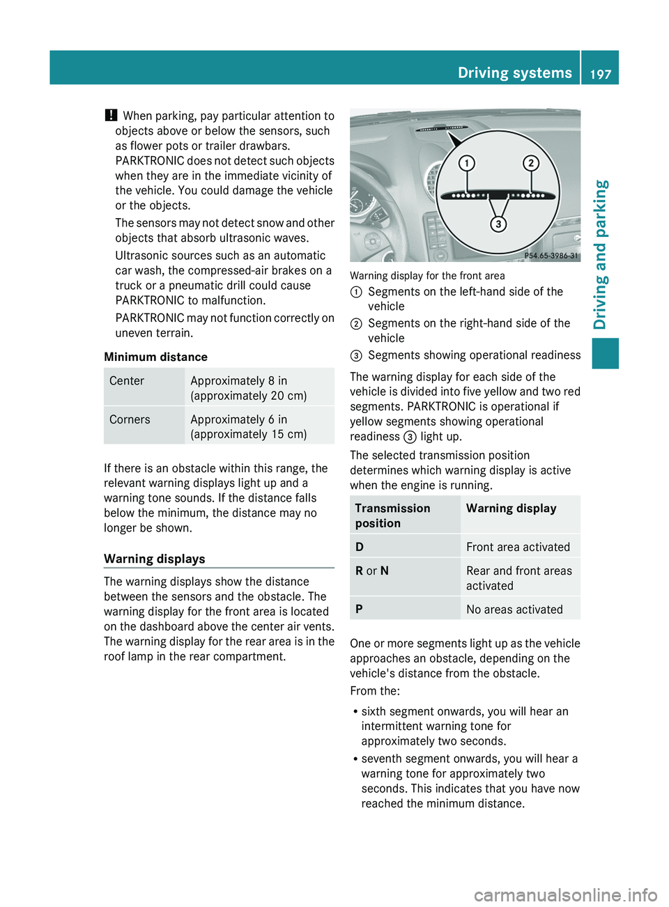MERCEDES-BENZ GL 2012 Owners Manual ! When parking, pay particular attention to
objects above or below the sensors, such
as flower pots or trailer drawbars.
PARKTRONIC does not detect such objects
when they are in the immediate vicinity MERCEDES-BENZ GL 2012 Owners Manual ! When parking, pay particular attention to
objects above or below the sensors, such
as flower pots or trailer drawbars.
PARKTRONIC does not detect such objects
when they are in the immediate vicinity