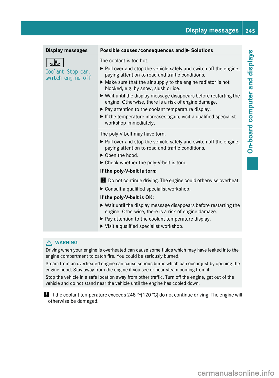 MERCEDES-BENZ GL 2012 Owners Manual Display messagesPossible causes/consequences and M Solutions?
Coolant Stop car,
switch engine offThe coolant is too hot.XPull over and stop the vehicle safely and switch off the engine,
paying attent MERCEDES-BENZ GL 2012 Owners Manual Display messagesPossible causes/consequences and M Solutions?
Coolant Stop car,
switch engine offThe coolant is too hot.XPull over and stop the vehicle safely and switch off the engine,
paying attent