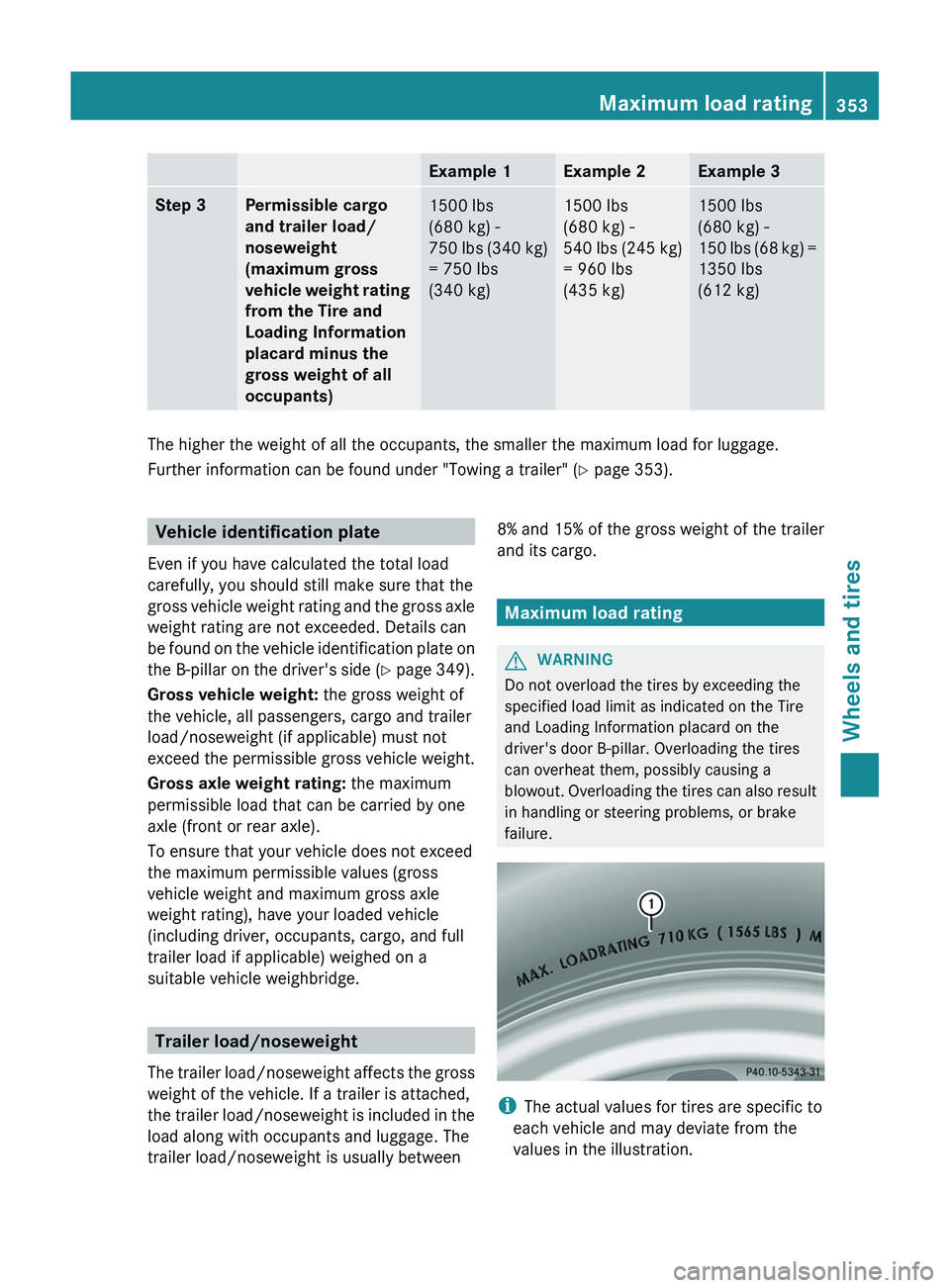 MERCEDES-BENZ GL 2012 Owners Manual Example 1Example 2Example 3Step 3Permissible cargo
and trailer load/
noseweight
(maximum gross
vehicle weight rating
from the Tire and
Loading Information
placard minus the
gross weight of all MERCEDES-BENZ GL 2012 Owners Manual Example 1Example 2Example 3Step 3Permissible cargo
and trailer load/
noseweight
(maximum gross
vehicle weight rating
from the Tire and
Loading Information
placard minus the
gross weight of all