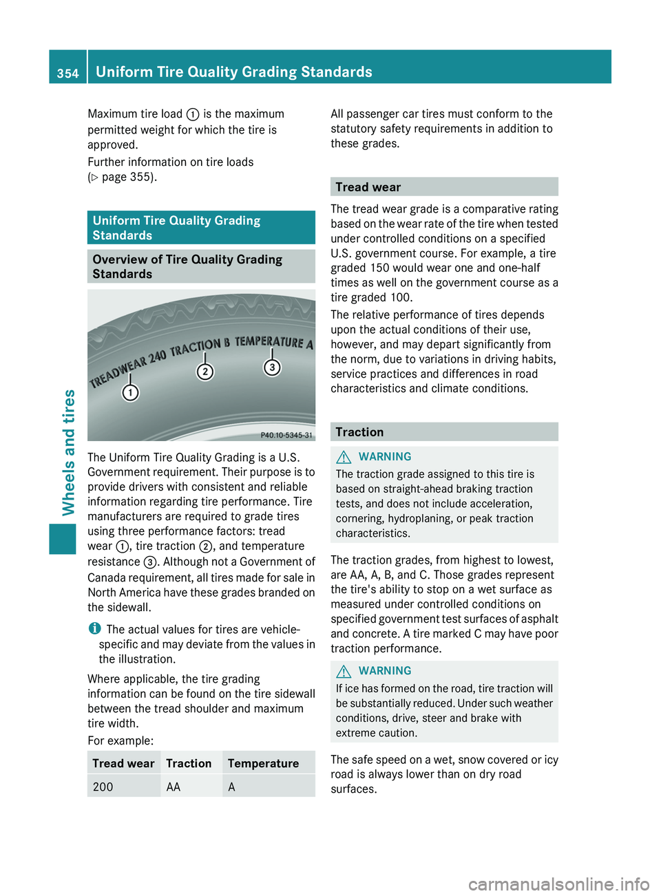 MERCEDES-BENZ GL 2012 Owners Manual Maximum tire load : is the maximum
permitted weight for which the tire is
approved.
Further information on tire loads
( Y page 355).
Uniform Tire Quality Grading
Standards
Overview of Tire Quality Gr MERCEDES-BENZ GL 2012 Owners Manual Maximum tire load : is the maximum
permitted weight for which the tire is
approved.
Further information on tire loads
( Y page 355).
Uniform Tire Quality Grading
Standards
Overview of Tire Quality Gr