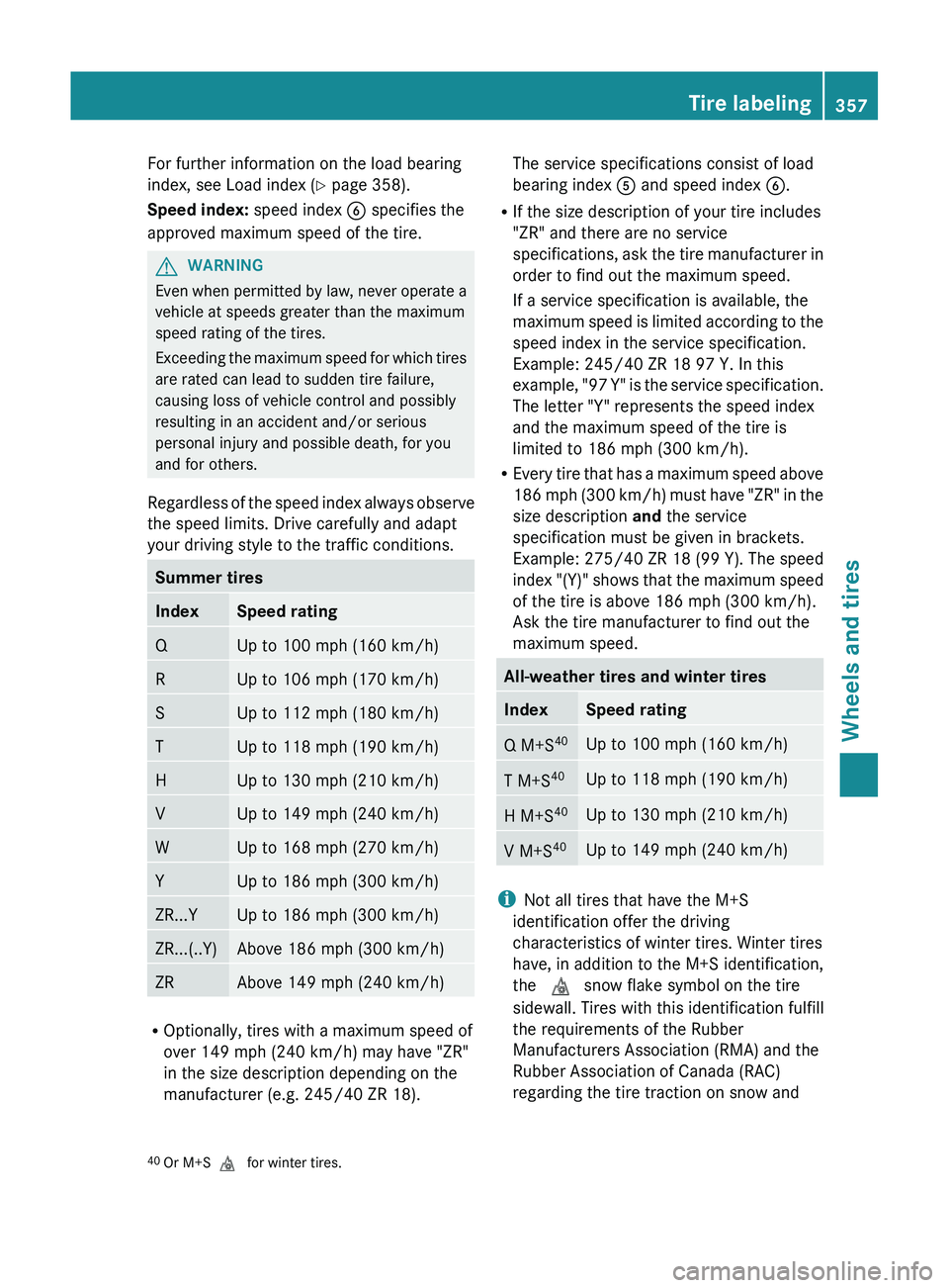 MERCEDES-BENZ GL 2012 Owners Manual For further information on the load bearing
index, see Load index ( Y page 358).
Speed index: speed index B specifies the
approved maximum speed of the tire.GWARNING
Even when permitted by law, never MERCEDES-BENZ GL 2012 Owners Manual For further information on the load bearing
index, see Load index ( Y page 358).
Speed index: speed index B specifies the
approved maximum speed of the tire.GWARNING
Even when permitted by law, never
