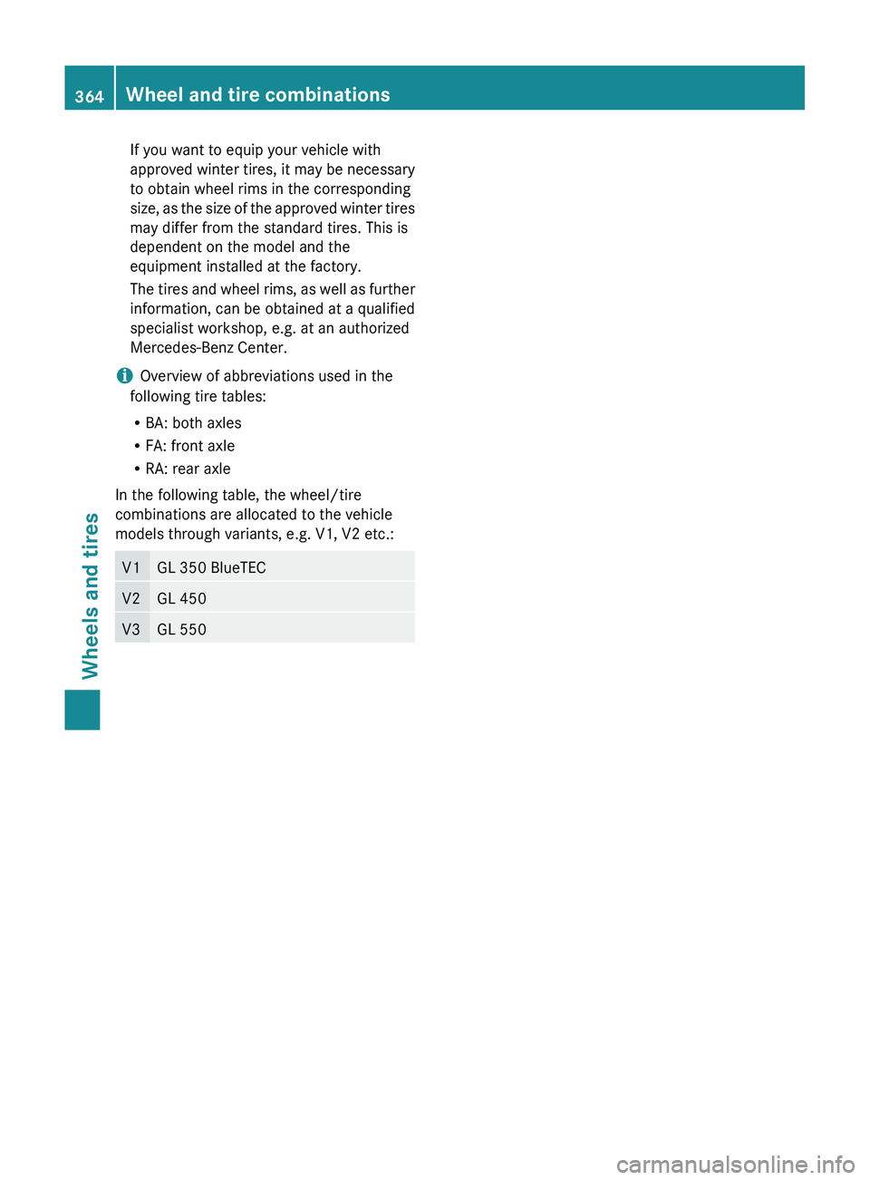 MERCEDES-BENZ GL 2012 Owners Manual If you want to equip your vehicle with
approved winter tires, it may be necessary
to obtain wheel rims in the corresponding
size, as the size of the approved winter tires
may differ from the standard MERCEDES-BENZ GL 2012 Owners Manual If you want to equip your vehicle with
approved winter tires, it may be necessary
to obtain wheel rims in the corresponding
size, as the size of the approved winter tires
may differ from the standard