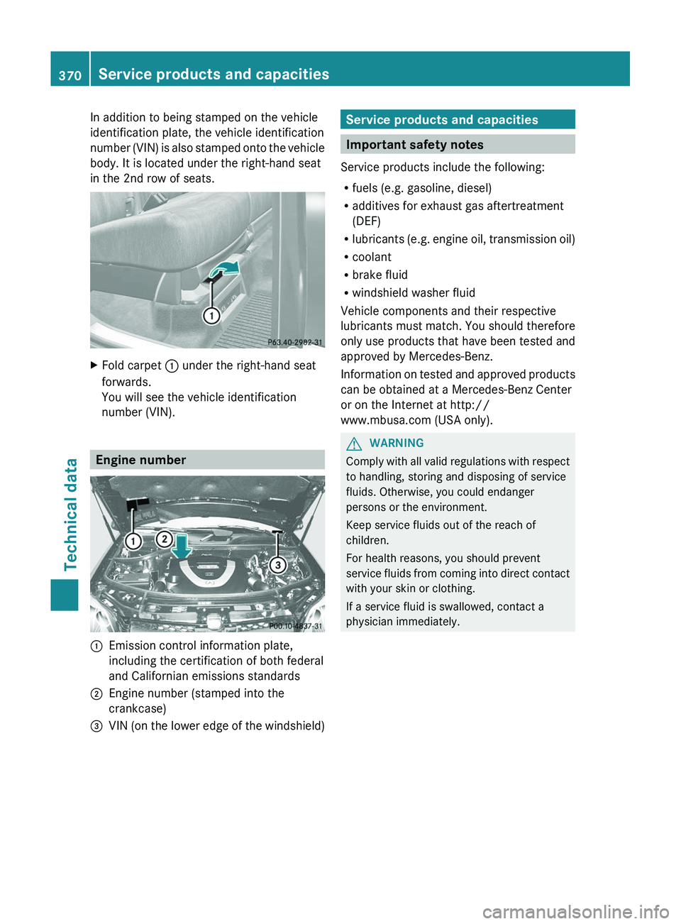 MERCEDES-BENZ GL 2012 Owners Manual In addition to being stamped on the vehicle
identification plate, the vehicle identification
number (VIN) is also stamped onto the vehicle
body. It is located under the right-hand seat
in the 2nd row MERCEDES-BENZ GL 2012 Owners Manual In addition to being stamped on the vehicle
identification plate, the vehicle identification
number (VIN) is also stamped onto the vehicle
body. It is located under the right-hand seat
in the 2nd row