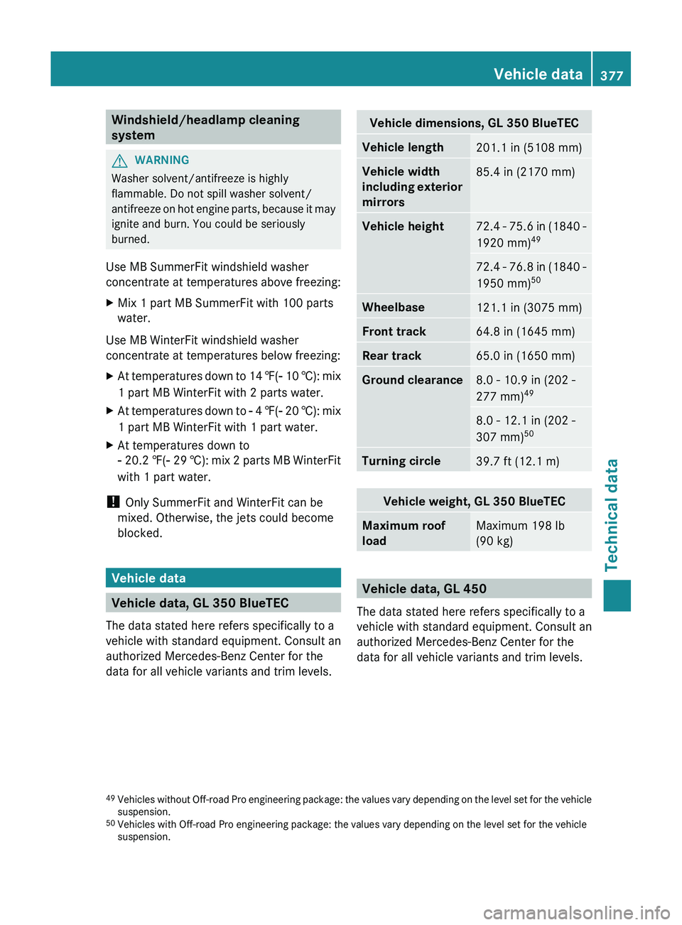 MERCEDES-BENZ GL 2012 Owners Manual Windshield/headlamp cleaning
systemGWARNING
Washer solvent/antifreeze is highly
flammable. Do not spill washer solvent/
antifreeze on hot engine parts, because it may
ignite and burn. You could be ser MERCEDES-BENZ GL 2012 Owners Manual Windshield/headlamp cleaning
systemGWARNING
Washer solvent/antifreeze is highly
flammable. Do not spill washer solvent/
antifreeze on hot engine parts, because it may
ignite and burn. You could be ser