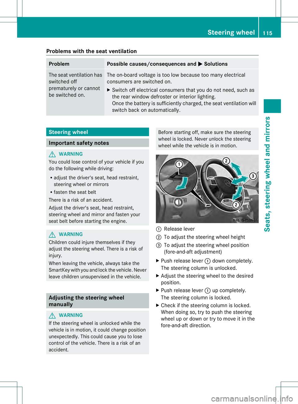 MERCEDES-BENZ GL 2013  Owners Manual Problems with the seat ventilation
Problem Possible causes/consequences and
0001 Solutions
The seat ventilation has
switched off
prematurely or cannot
be switched on. The on-board voltage is too low b