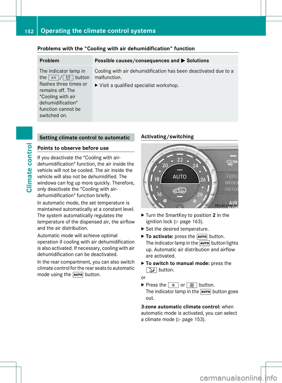 MERCEDES-BENZ GL 2013  Owners Manual Problems with the "Cooling with air dehumidification" function
Problem Possible causes/consequences and
0001 Solutions
The indicator lamp in
the
0007/0005 button
flashes three times or
remains