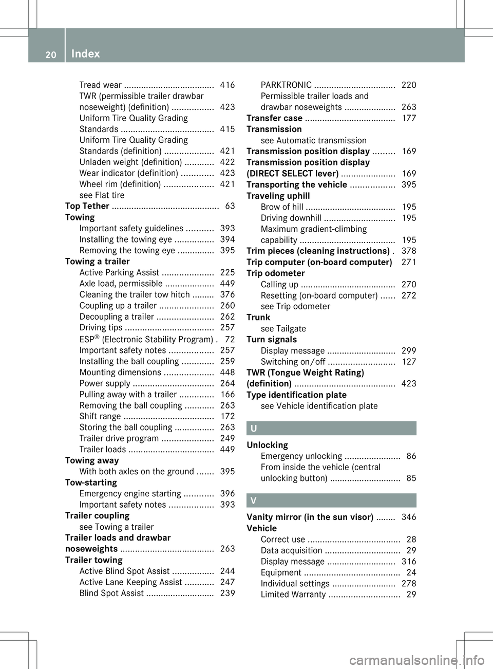 MERCEDES-BENZ GL 2013 Owners Manual Tread wear
..................................... 416
TWR (permissible trailer drawbar
noseweight) (definition) .................423
Uniform Tire Quality Grading
Standard s.............................