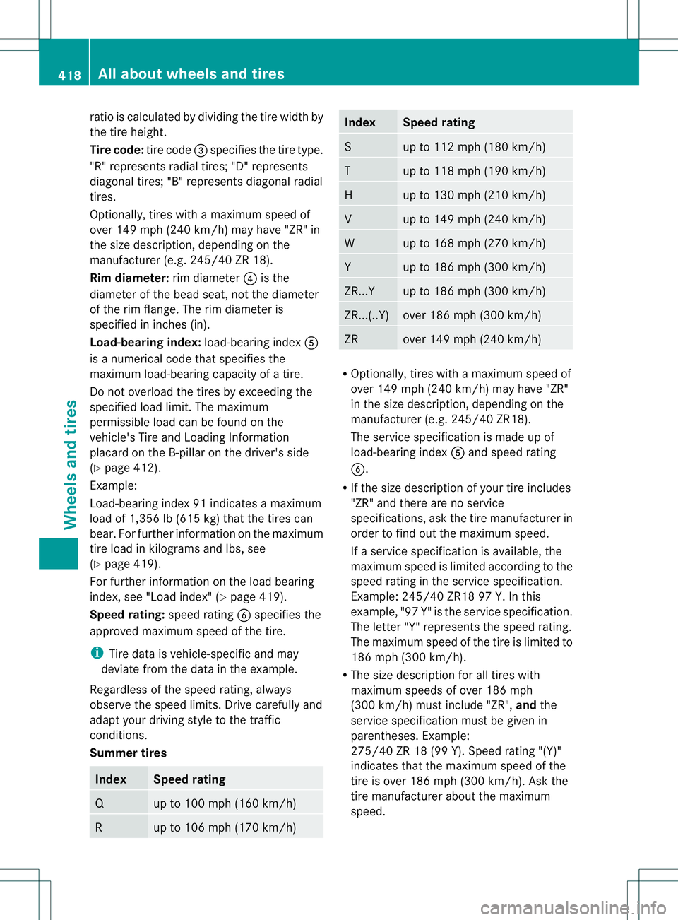 MERCEDES-BENZ GL 2013 Owners Manual ratio is calculated by dividing the tire width by
the tire height.
Tire code:
tire code0021specifies the tire type.
"R" represents radial tires; "D" represents
diagonal tires; "B MERCEDES-BENZ GL 2013 Owners Manual ratio is calculated by dividing the tire width by
the tire height.
Tire code:
tire code0021specifies the tire type.
"R" represents radial tires; "D" represents
diagonal tires; "B
