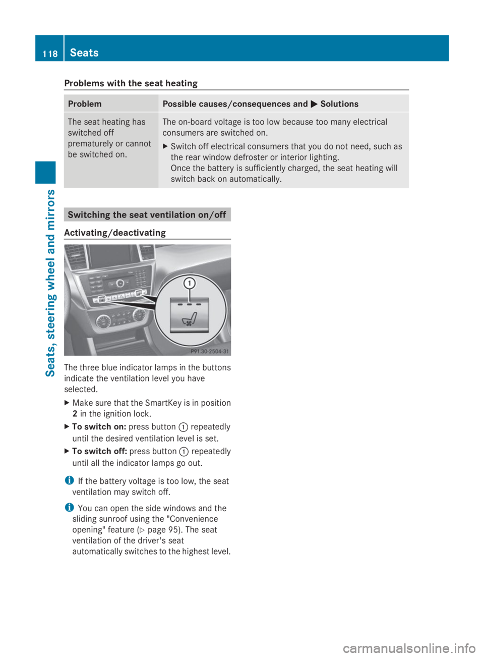 MERCEDES-BENZ GL 2014  Owners Manual Problems with the seat heating
ProblemPossible causes/consequences and�P�PSolutions
The seat heating has
switched off
prematurely or cannot
be switched on.
The on-board voltage is too low because too 