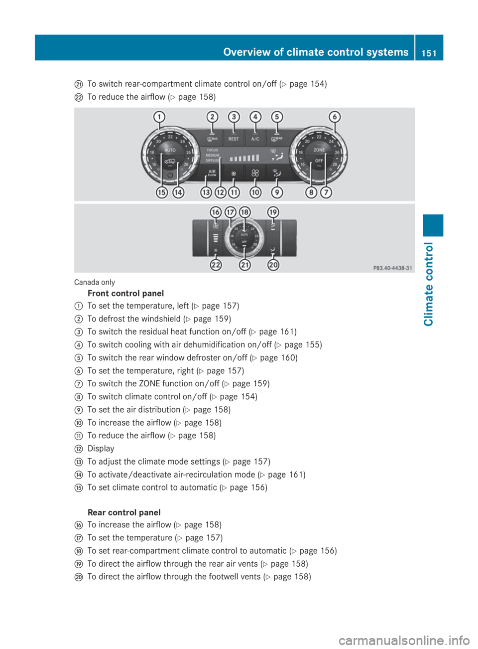 MERCEDES-BENZ GL 2014  Owners Manual �yTo switch rear-compartment climate control on/off (Ypage 154)
�zTo reduce the airflow (Ypage 158)
Canada only
Front control panel
�CTo set the temperature, left (Ypage 157)
�DTo defrost the windshie