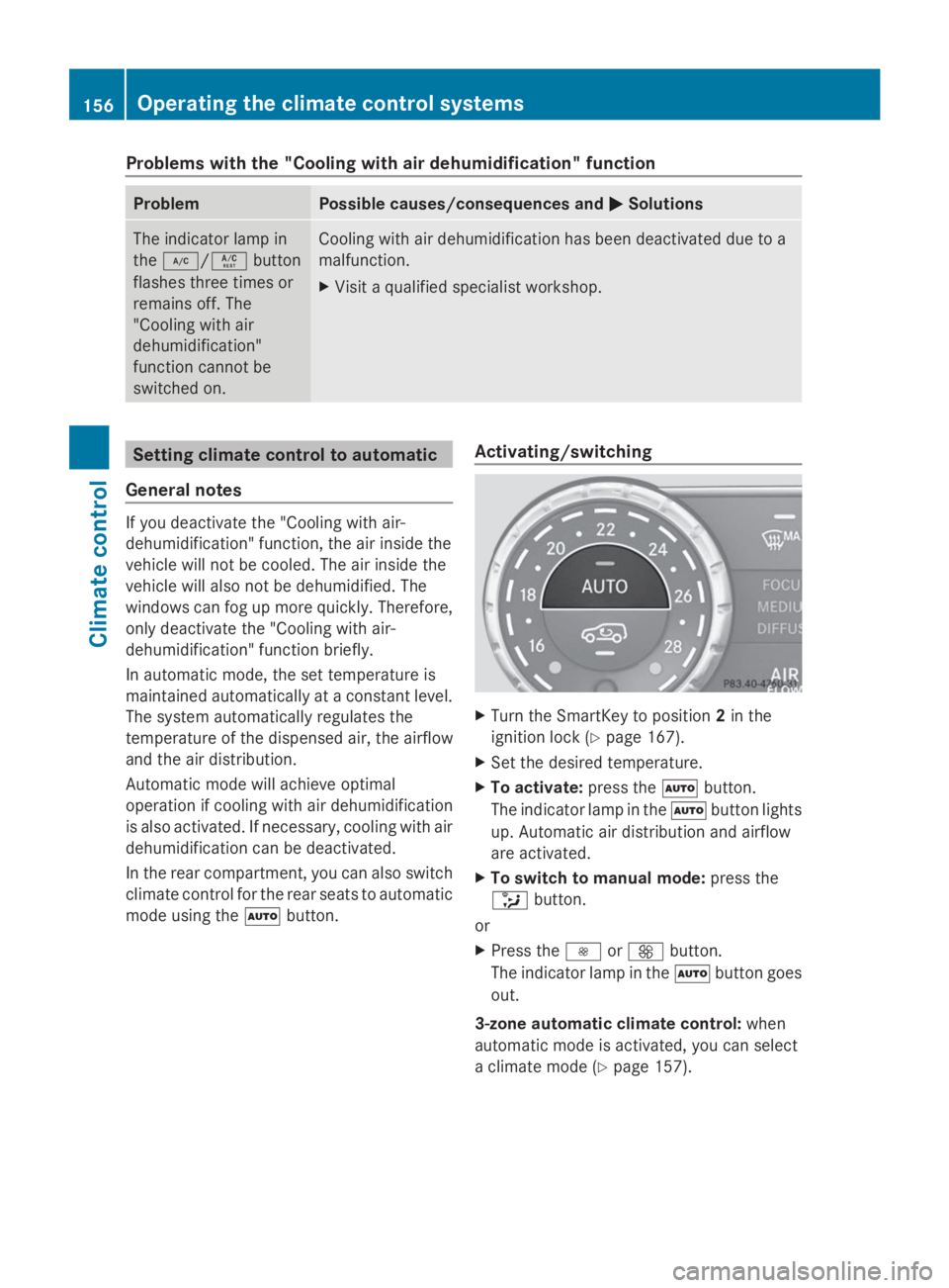 MERCEDES-BENZ GL 2014  Owners Manual Problems with the "Cooling with air dehumidification" function
ProblemPossible causes/consequences and�P�PSolutions
The indicator lamp in
the�Z/�Vbutton
flashes three times or
remains off. The
