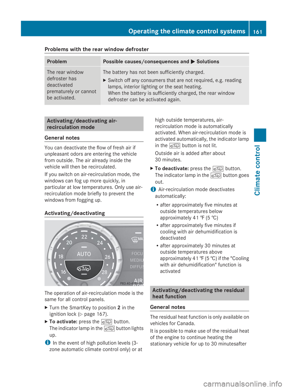MERCEDES-BENZ GL 2014  Owners Manual Problems with the rear window defroster
ProblemPossible causes/consequences and�P�PSolutions
The rear window
defroster has
deactivated
prematurely or cannot
be activated.
The battery has not been suff