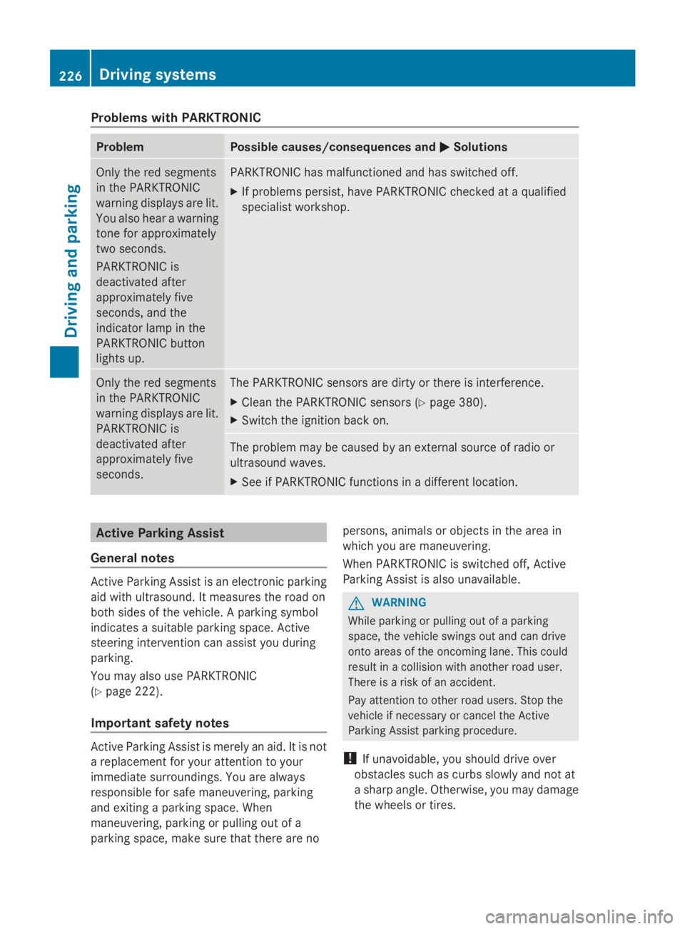 MERCEDES-BENZ GL 2014  Owners Manual Problems with PARKTRONIC
ProblemPossible causes/consequences and�P�PSolutions
Only the red segments
in the PARKTRONIC
warning displays are lit.
You also hear a warning
tone for approximately
two secon