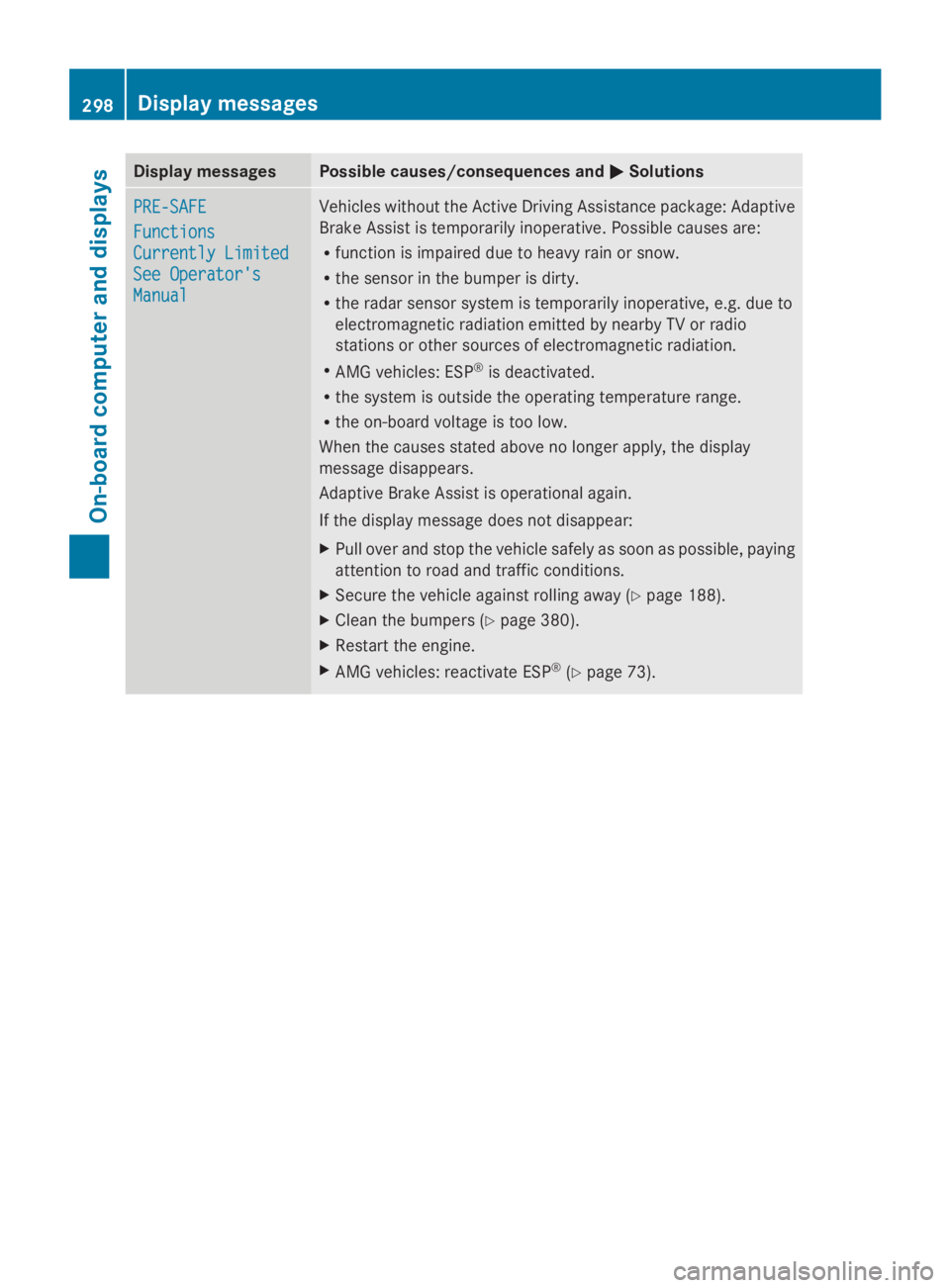 MERCEDES-BENZ GL 2014  Owners Manual Display messagesPossible causes/consequences and�P�PSolutions
PRE-SAFEPRE-SAFE
FunctionsFunctions
Currently LimitedCurrently Limited
See Operator'sSee Operator's
ManualManual
Vehicles without 