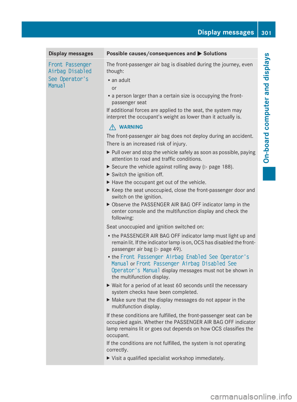 MERCEDES-BENZ GL 2014  Owners Manual Display messagesPossible causes/consequences and�P�PSolutions
Front PassengerFront Passenger
Airbag DisabledAirbag Disabled
See Operator'sSee Operator's
ManualManual
The front-passenger air ba