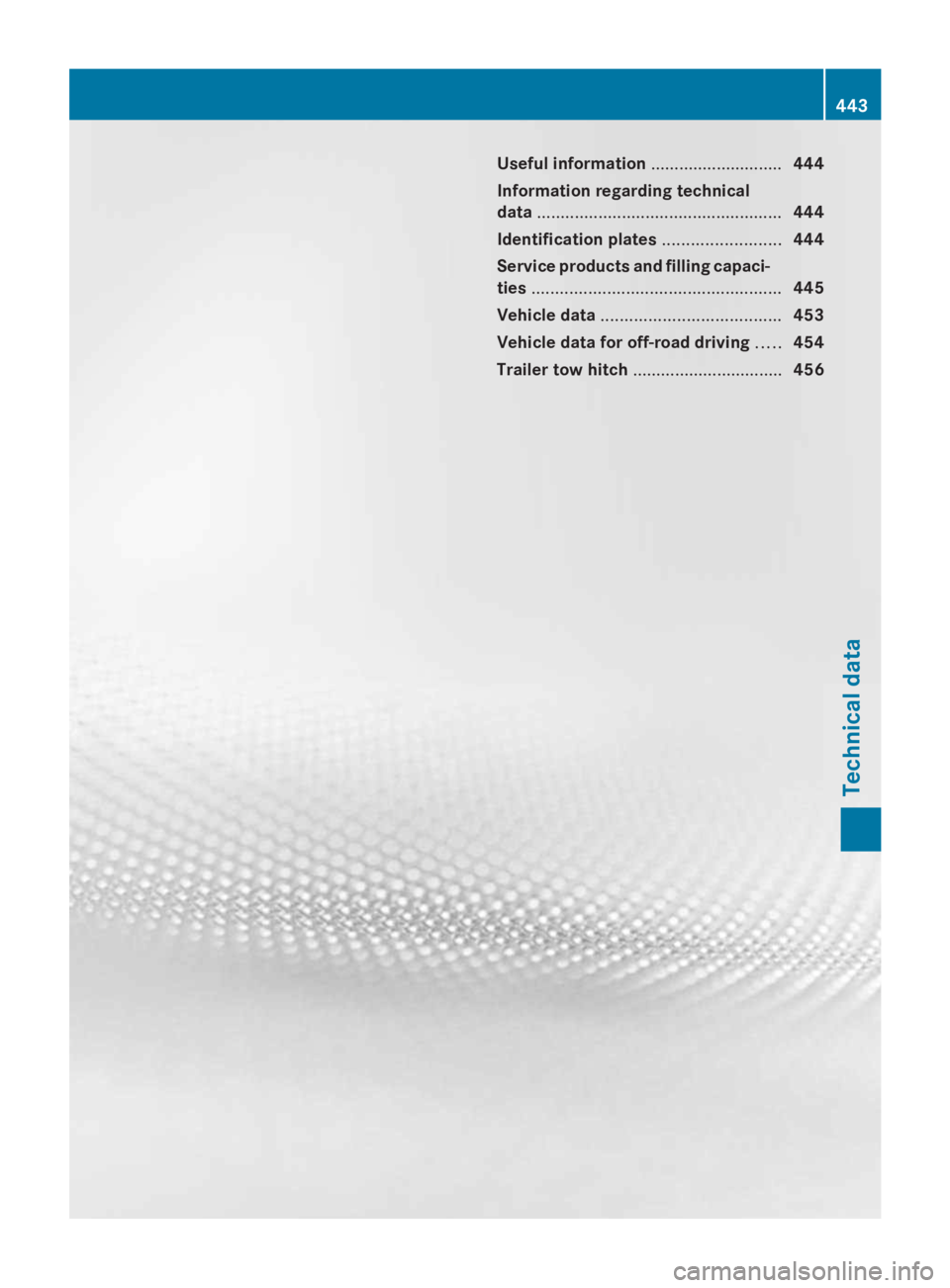 MERCEDES-BENZ GL 2014  Owners Manual Useful information............................444
Information regarding technical
data....................................................444
Identification plates.........................444
Service 