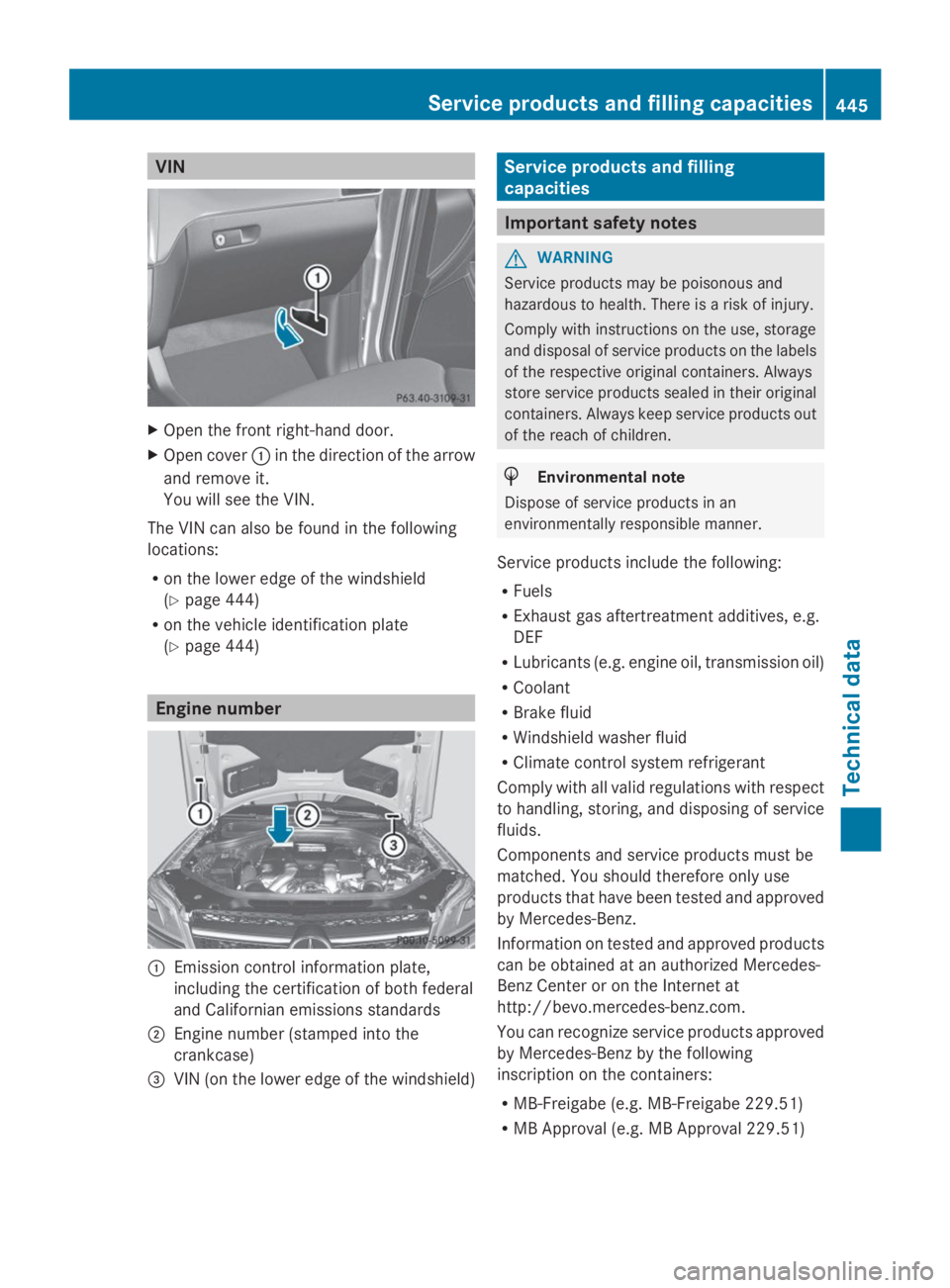 MERCEDES-BENZ GL 2014  Owners Manual VIN
XOpen the front right-hand door.
XOpen cover�Cin the direction of the arrow
and remove it.
You will see the VIN.
The VIN can also be found in the following
locations:
Ron the lower edge of the win
