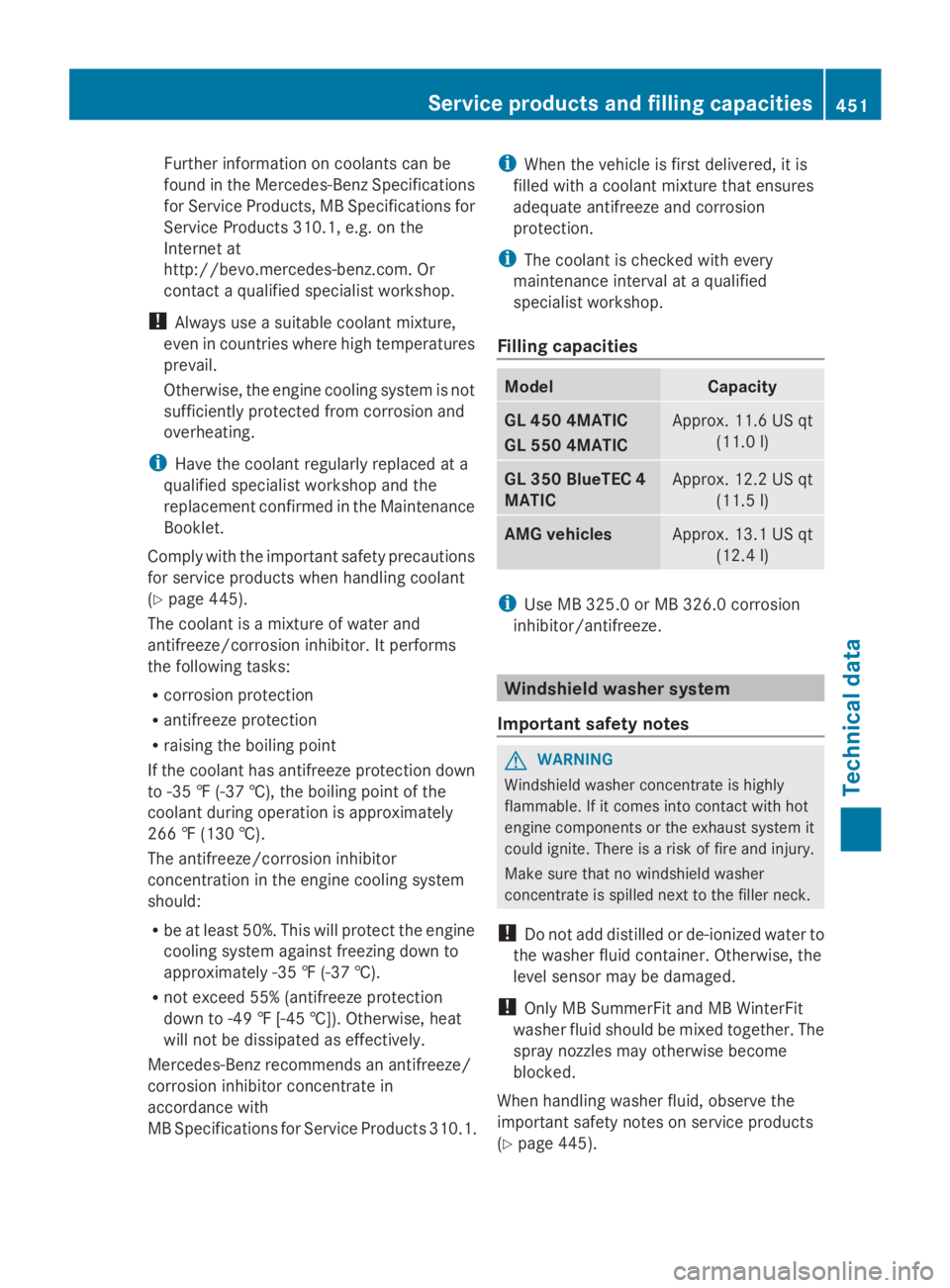 MERCEDES-BENZ GL 2014  Owners Manual Further information on coolants can be
found in the Mercedes-Benz Specifications
for Service Products, MB Specifications for
Service Products 310.1, e.g. on the
Internet at
http://bevo.mercedes-benz.c