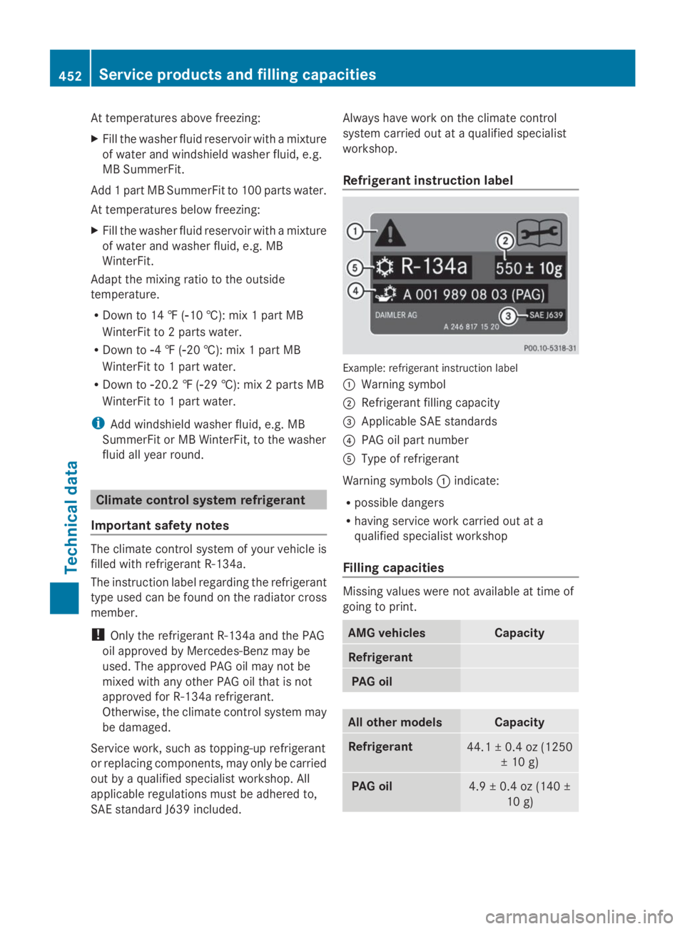 MERCEDES-BENZ GL 2014  Owners Manual At temperatures above freezing:
XFill the washer fluid reservoir with a mixture
of water and windshield washer fluid, e.g.
MB SummerFit.
Add 1 part MB SummerFit to 100 parts water.
At temperatures bel