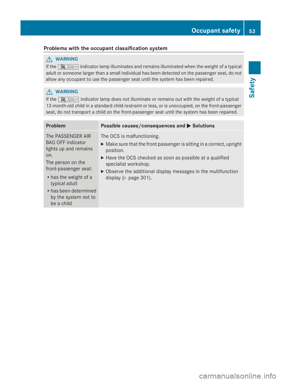MERCEDES-BENZ GL 2014 Workshop Manual Problems with the occupant classification system
GWARNING
If the�s�tindicator lamp illuminates and remains illuminated when the weight of a typical
adult or someone larger than a small individual has 