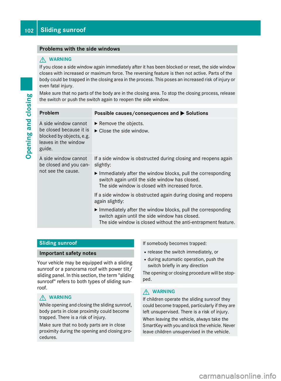 MERCEDES-BENZ GL 2016 User Guide Problems with the side windows
G WARNING
If you close a side window again immediately after it has been blocked or reset, the side window
closes with increased or maximum force. The reversing feature 