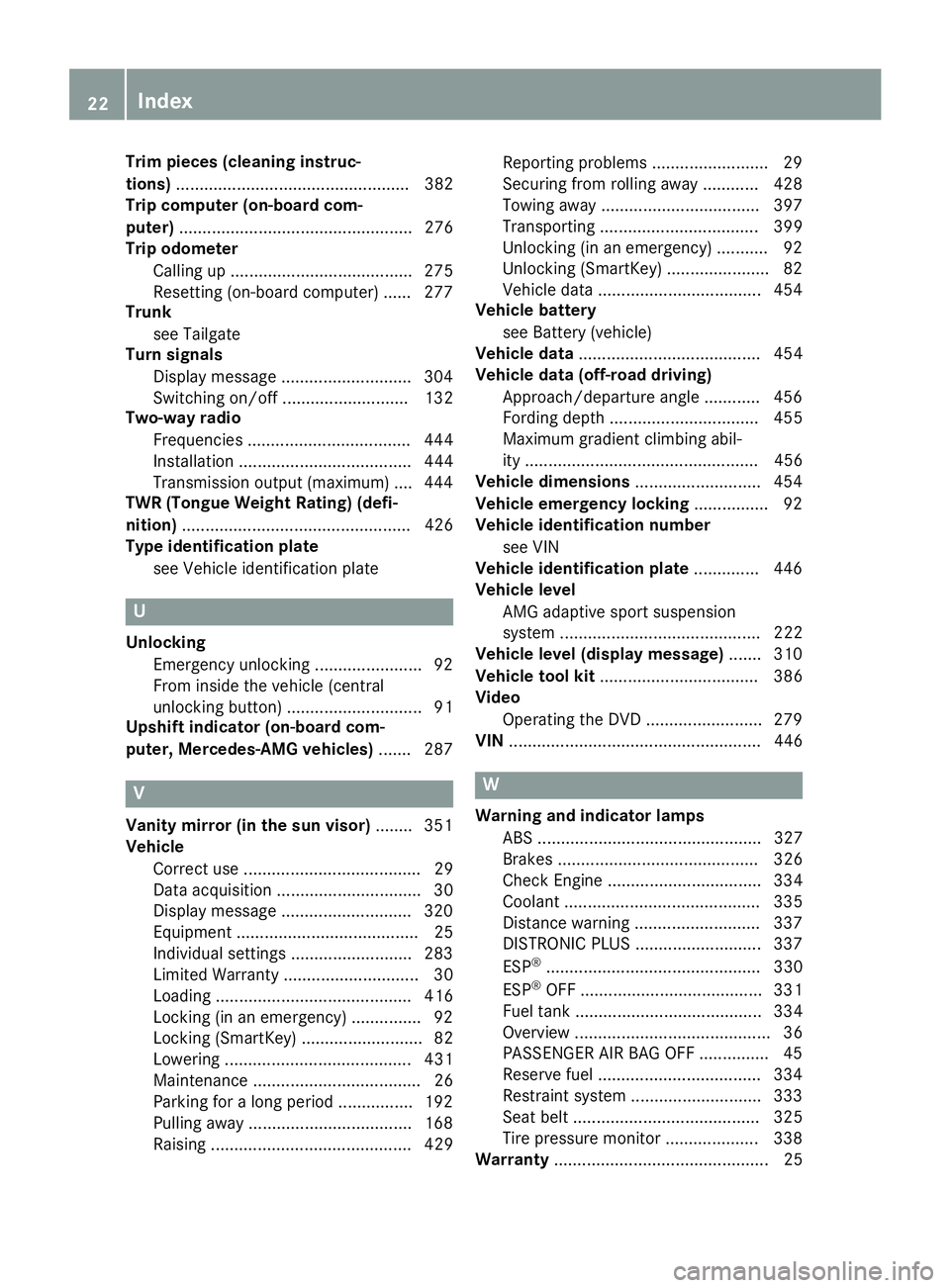 MERCEDES-BENZ GL 2016 Owners Manual Trim pieces (cleaning instruc-
tions) .................................................. 382
Trip computer (on-board com-
puter) .................................................. 276
Trip odometer
Ca