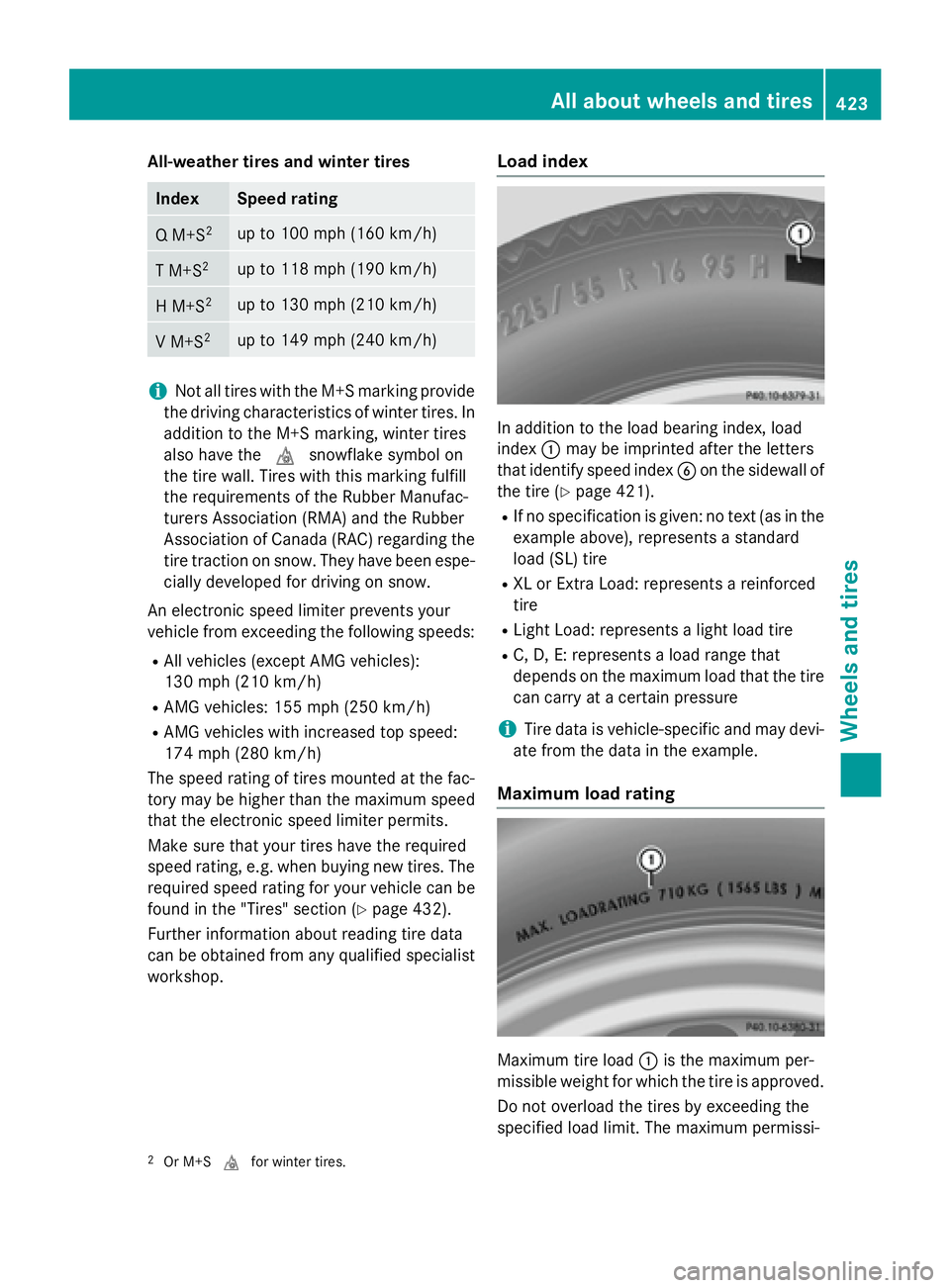 MERCEDES-BENZ GL 2016  Owners Manual All-weather tires and winter tires
Index Speed ra ting
Q M+S 2
up to 100 mph (160 km/h)
T M+S 2
up to 118 mph (190 km/h)
H M+S 2
up to 130 mph (210 km/h)
V M+S 2
up to 149 mph (240 km/h)
i Not all tir