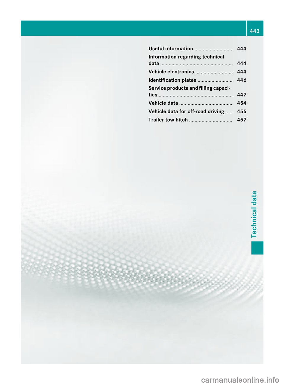 MERCEDES-BENZ GL 2016  Owners Manual Useful information ............................ 444
Information regarding technical
data .................................................... 444
Vehicle electronics ........................... 444
Id