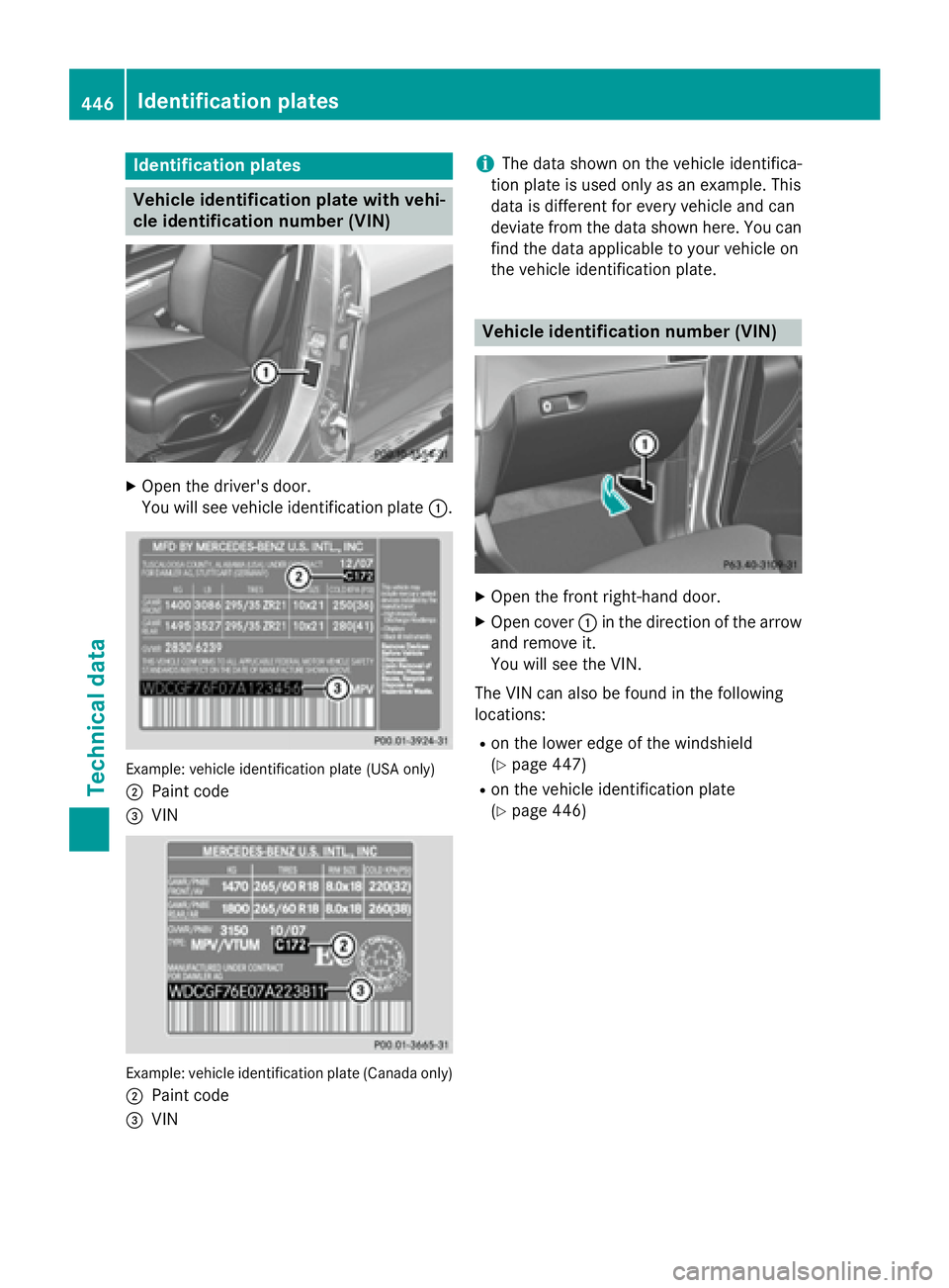 MERCEDES-BENZ GL 2016  Owners Manual Identification plates
Vehicle identification plate with vehi-
cle identification number (VIN) X
Open the driv er's door.
You will see vehicle identification plate �C .
Example: vehicl e identifica