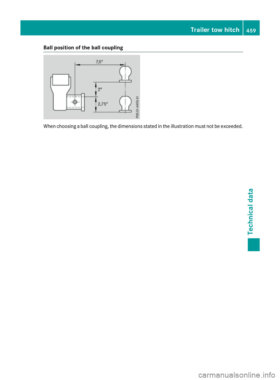 MERCEDES-BENZ GL 2016 Owners Manual Ball position of the ball coupling
When choosing a ball coupling, the dimensions stated in the illustration must not be exceeded. Trailer tow hitch 459
Technical data Z MERCEDES-BENZ GL 2016 Owners Manual Ball position of the ball coupling
When choosing a ball coupling, the dimensions stated in the illustration must not be exceeded. Trailer tow hitch 459
Technical data Z