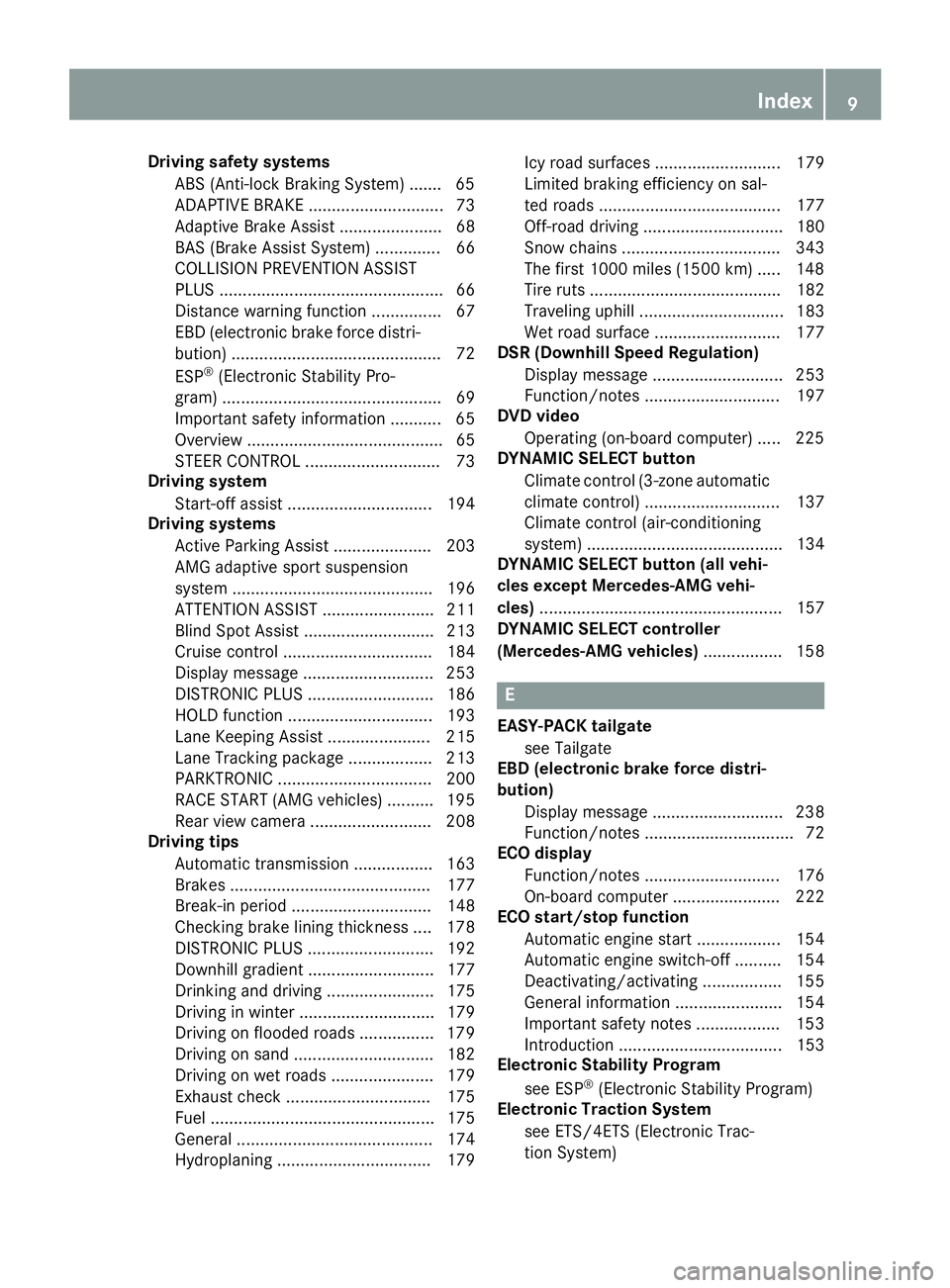 MERCEDES-BENZ GLA 2016  Owners Manual Driving safet y systems
AB S (Anti-loc k Braking System) ...... .6 5
ADAPTIVE BRAKE ............................. 73
Adaptive Brake Assist ...................... 68
BAS (Brake Assist System) .........