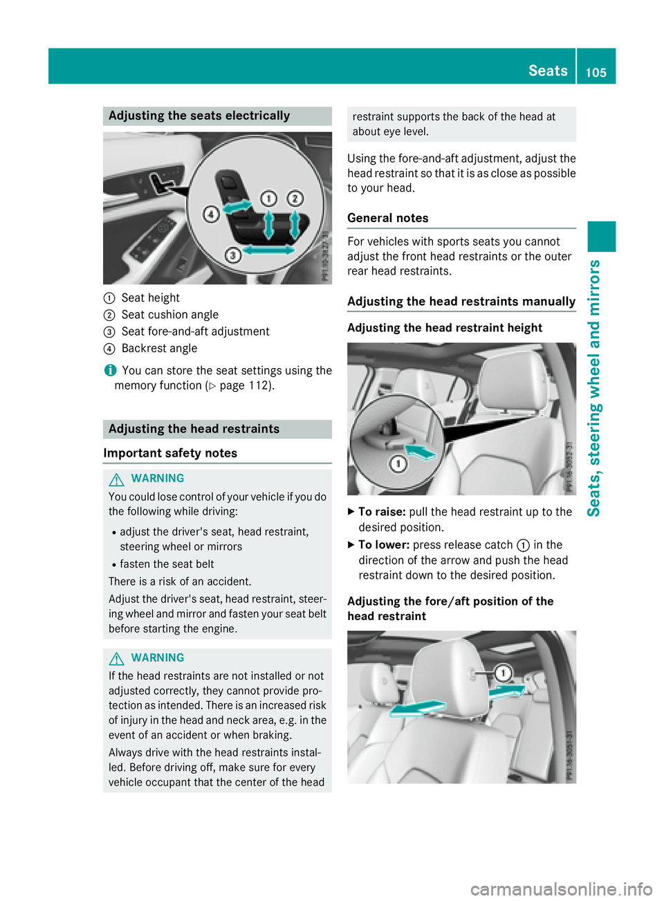MERCEDES-BENZ GLA 2016  Owners Manual Adjusting the seats elect ri cally
�C
Seat height�D
Seat cushion angle�