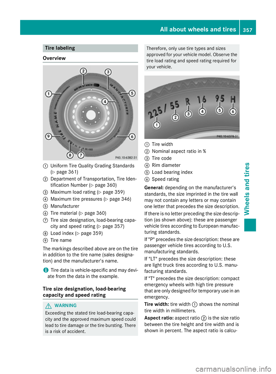 MERCEDES-BENZ GLA 2016  Owners Manual Tire labeling
Overview
�C
Uniform Tire Quality Grading Standards
( Y
page 361)�D
Department of Transportation, Tire Iden-
tification Number ( Y
page 360)�