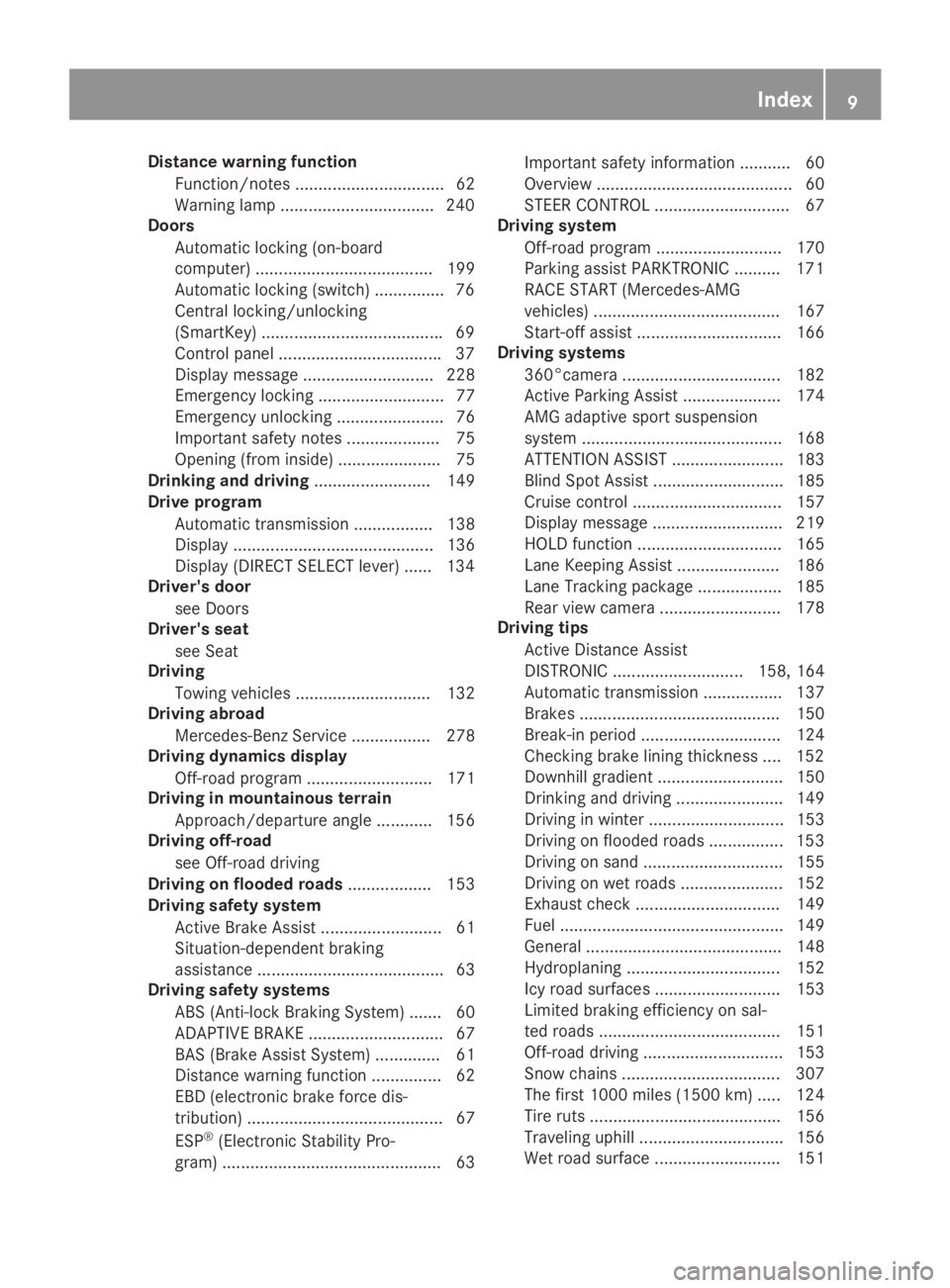 MERCEDES-BENZ GLA 2019 User Guide Distance warning function
Function/notes ................................ 62
Warning lamp .................................240
Doors
Automatic locking (on-board
computer) ............................. MERCEDES-BENZ GLA 2019 User Guide Distance warning function
Function/notes ................................ 62
Warning lamp .................................240
Doors
Automatic locking (on-board
computer) .............................