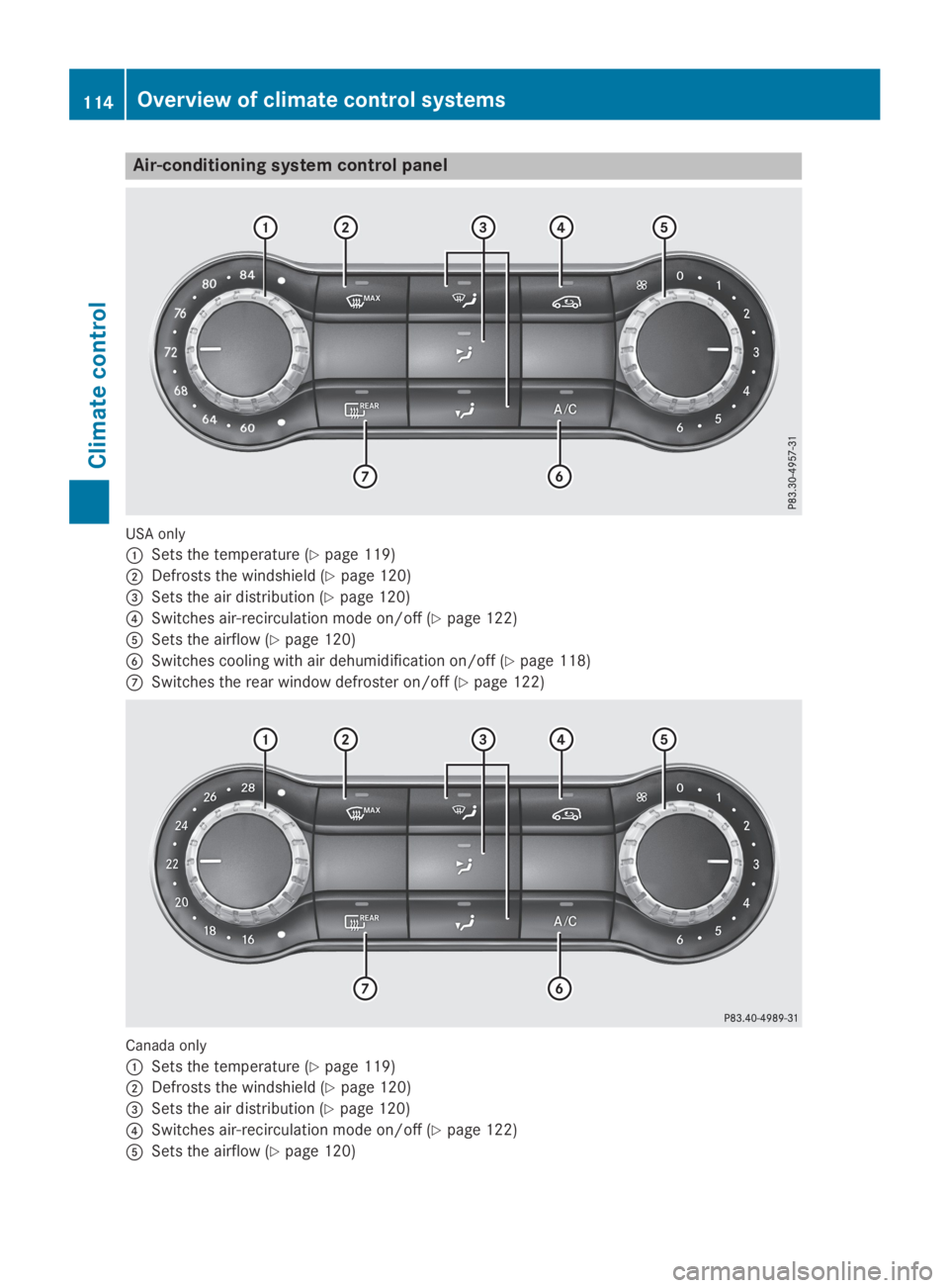 MERCEDES-BENZ GLA 2019  Owners Manual Air-conditioning system control panel
USA only
�CSets the temperature (Ypage 119)
�DDefrosts the windshield (Ypage 120)
�