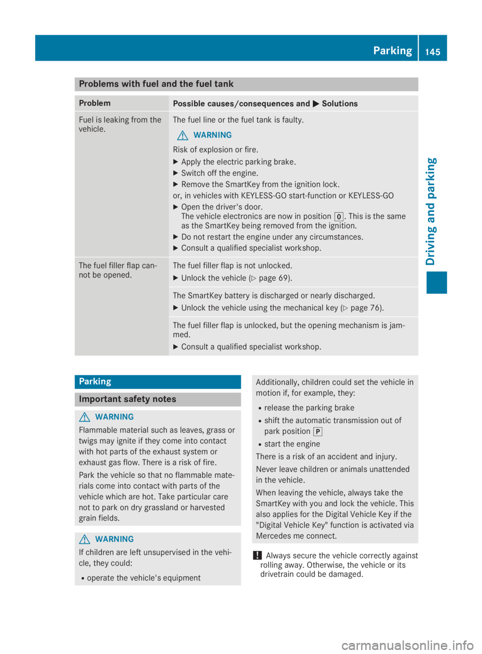 MERCEDES-BENZ GLA 2019  Owners Manual Problems with fuel and the fuel tank
ProblemPossible causes/consequences and�P�PSolutions
Fuel is leaking from thevehicle.The fuel line or the fuel tank is faulty.
GWARNING
Risk of explosion or fire.
