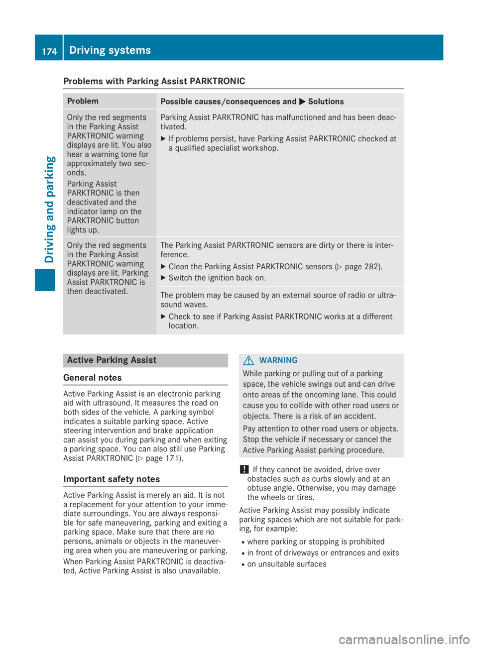 MERCEDES-BENZ GLA 2019  Owners Manual Problems with Parking Assist PARKTRONIC
ProblemPossible causes/consequences and�P�PSolutions
Only the red segmentsin the Parking AssistPARKTRONIC warningdisplays are lit. You alsohear a warning tone f