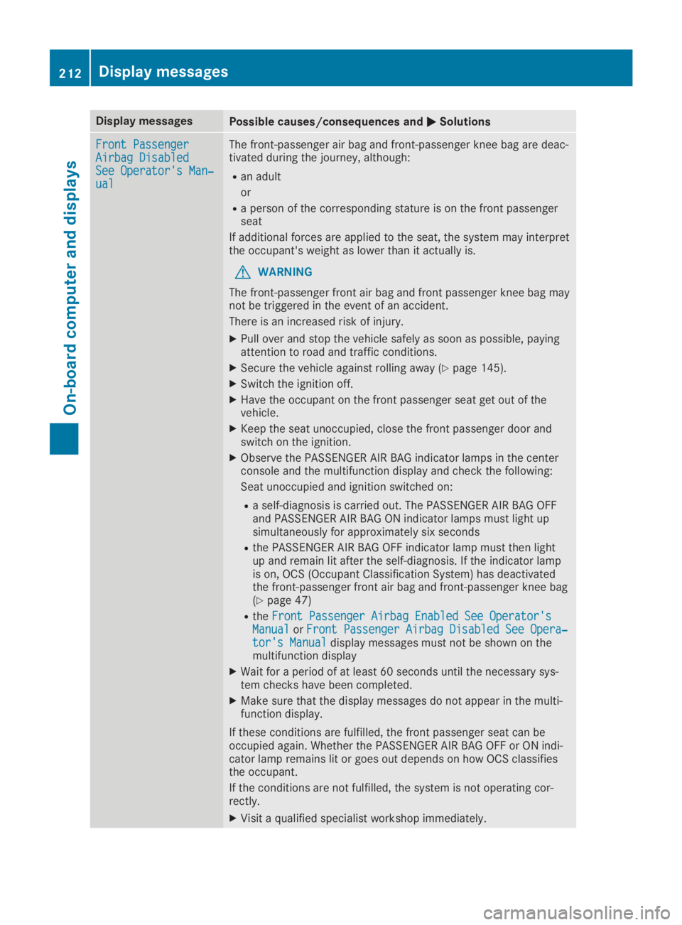 MERCEDES-BENZ GLA 2019  Owners Manual Display messagesPossible causes/consequences and�P�PSolutions
Front PassengerFront PassengerAirbag DisabledAirbag DisabledSee Operator's Man‐See Operator's Man‐ualual
The front-passenger a