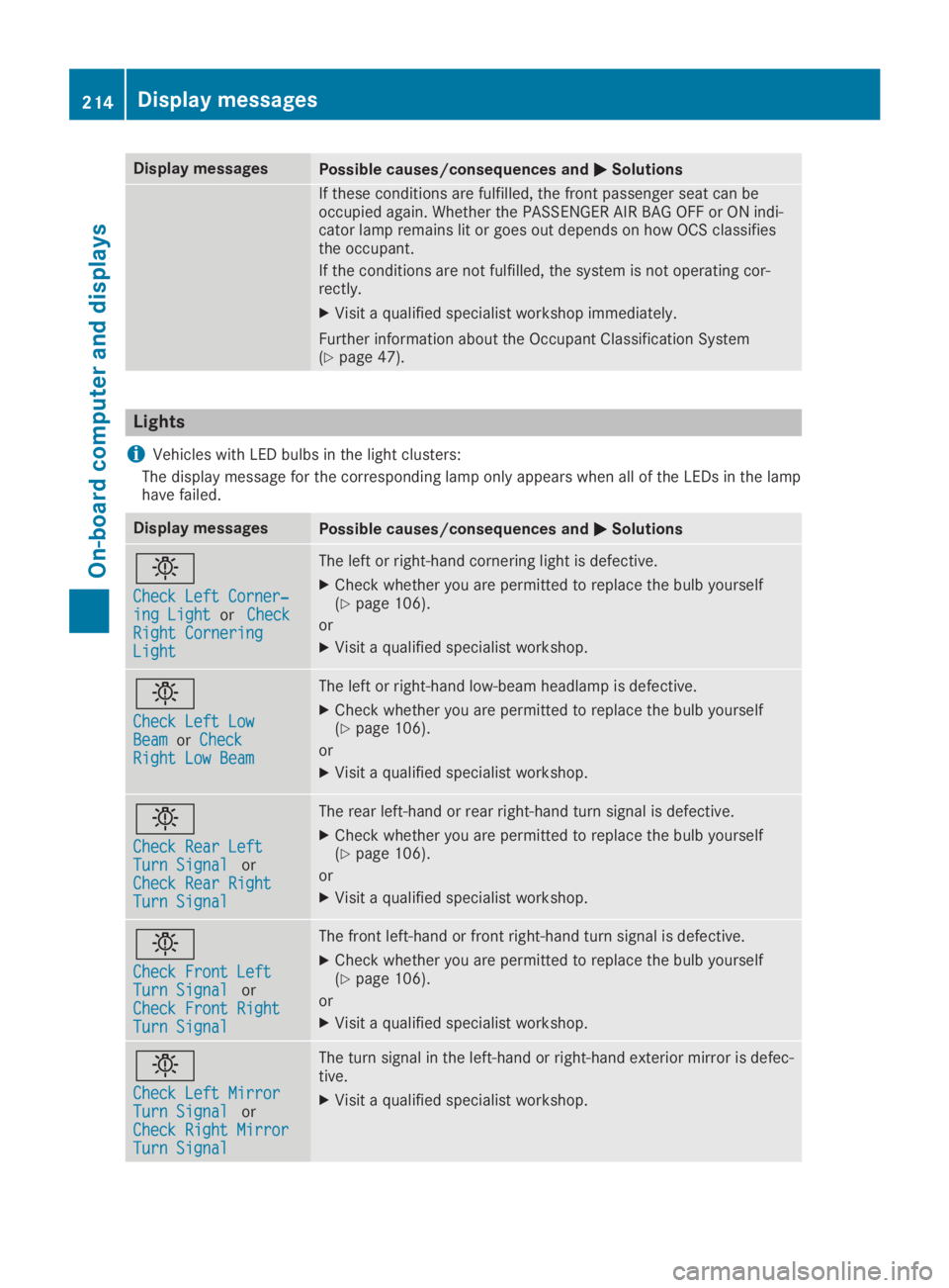 MERCEDES-BENZ GLA 2019  Owners Manual Display messagesPossible causes/consequences and�P�PSolutions
If these conditions are fulfilled, the front passenger seat can beoccupied again. Whether the PASSENGER AIR BAG OFF or ON indi-cator lamp 