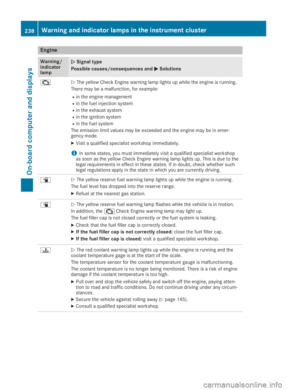 MERCEDES-BENZ GLA 2019  Owners Manual Engine
Warning/indicatorlamp
�Q�QSignal type
Possible causes/consequences and�P�PSolutions
�