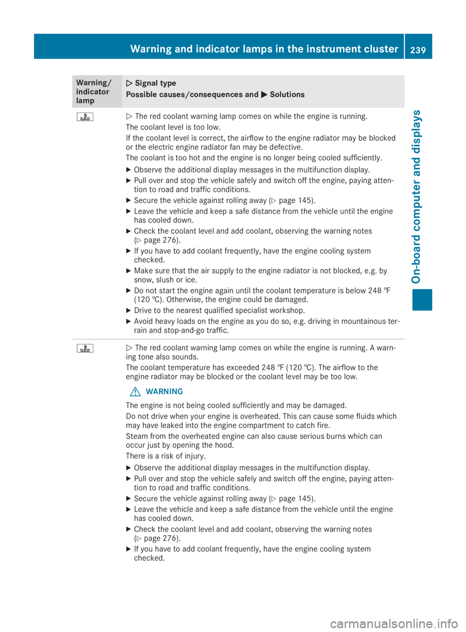 MERCEDES-BENZ GLA 2019  Owners Manual Warning/indicatorlamp
�Q�QSignal type
Possible causes/consequences and�P�PSolutions
�
